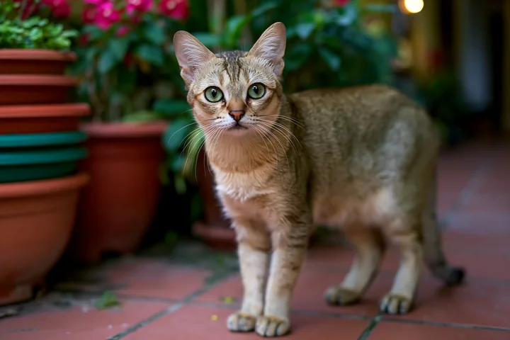 A Singapura cat stands on a tiled surface in a garden surrounded by potted plants.