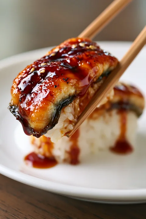 A single eel nigiri with sauce is held by chopsticks above a white plate.