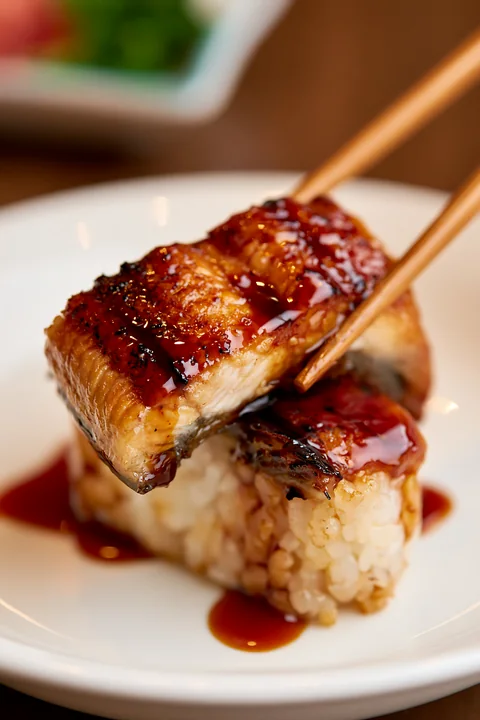 A single piece of eel nigiri with sauce is held by chopsticks.
