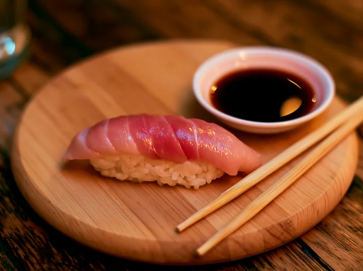 A single piece of nigiri sushi sits on a round wooden plate next to a small white dish filled with soy sauce.