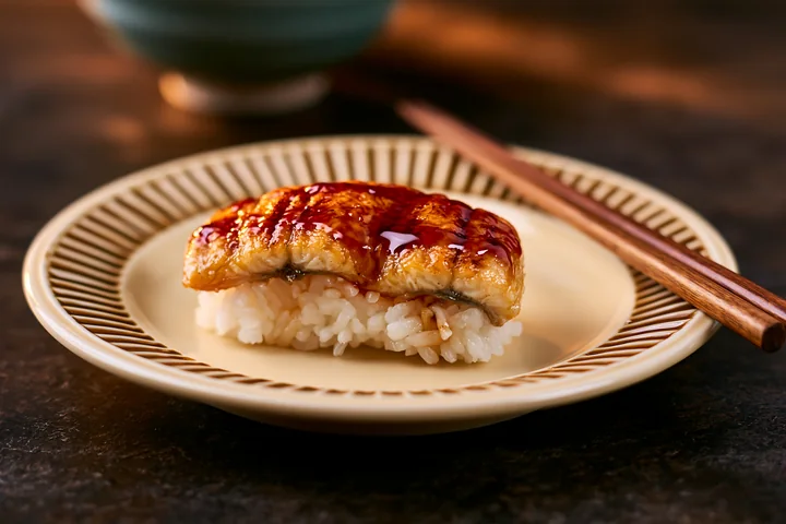 A single piece of sushi, made with grilled eel and sauce, is placed on a cream-colored plate.