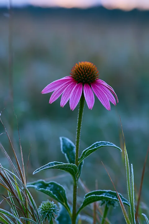 A single pink flower stands tall in a meadow as fog drifts across the ground, highlighting the surrounding green grass and blurred background at dawn.