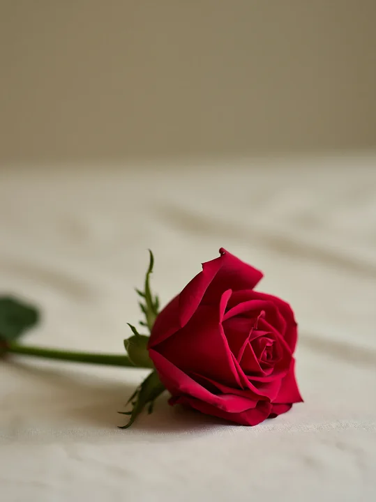 A single red rose rests on a plain surface, showcasing its vibrant petals and delicate green leaves.