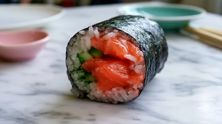 A single sushi piece is placed on a modern dining table.