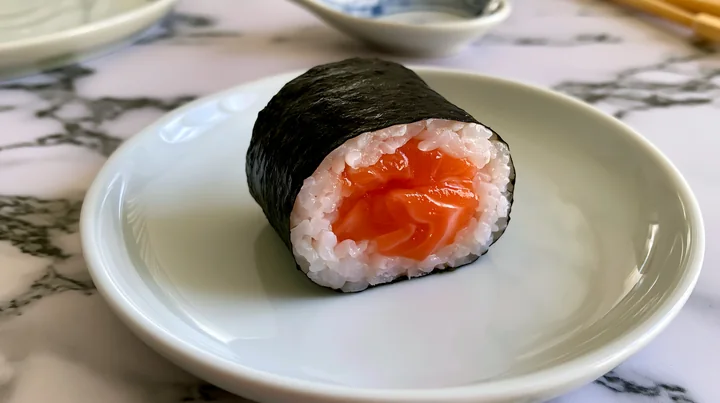 A single sushi piece on a contemporary dining table shows a sushi roll with fresh fish inside.