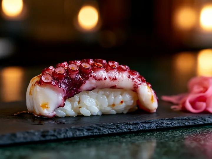 A single sushi piece on black slate features octopus on rice, served with pink pickled ginger.