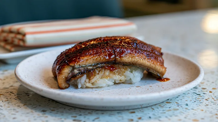 A single sushi piece sits on a plate on a modern dining table.