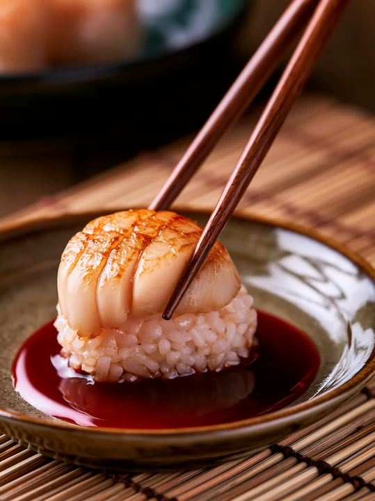 A single sushi piece with chopsticks is placed on a small plate with soy sauce.