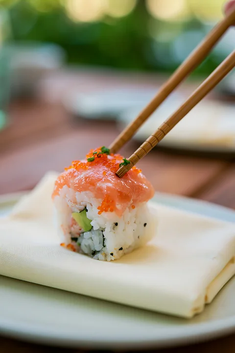A single sushi piece with chopsticks is placed on a white plate, ready to be enjoyed.