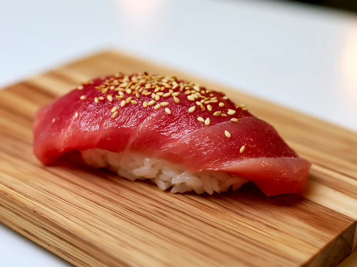 A single tuna nigiri on wooden board garnished with sesame seeds showcases fresh sushi.