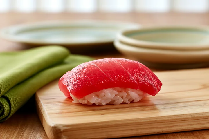 A single tuna nigiri rests on a wooden board next to green cloth and plates.