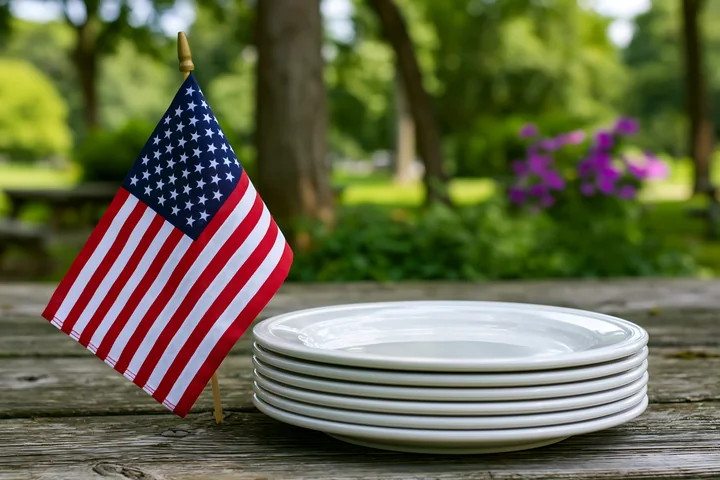 A small American flag stands beside a stack of white plates on a wooden picnic table in a garden setting.