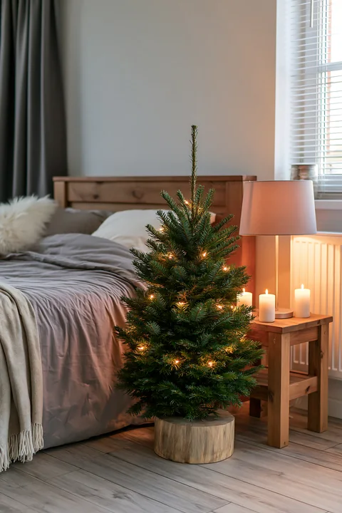 A small apartment features a Christmas tree with lights beside a bed in a cozy bedroom.