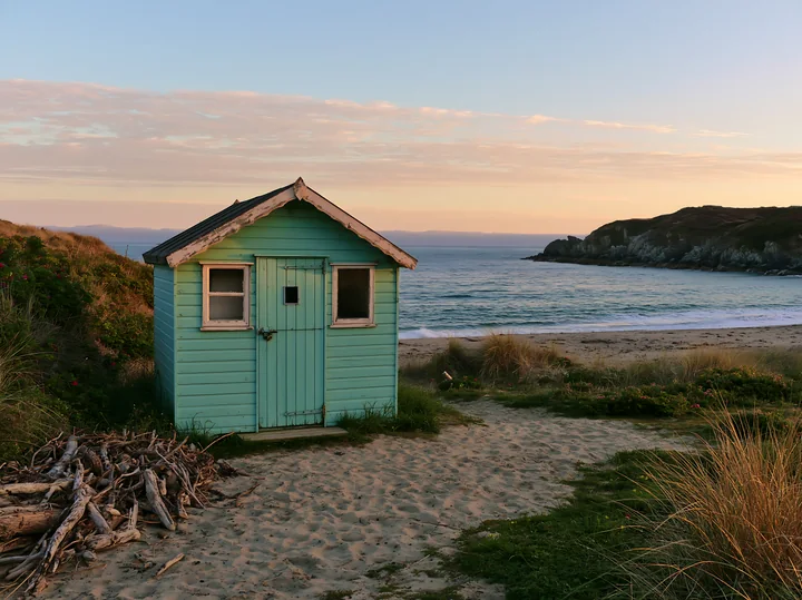 A small blue beach hut stands on the sand near a coastline with sheltered bay while waves gently lap at the shore during sunset, creating a warm glow in the sky