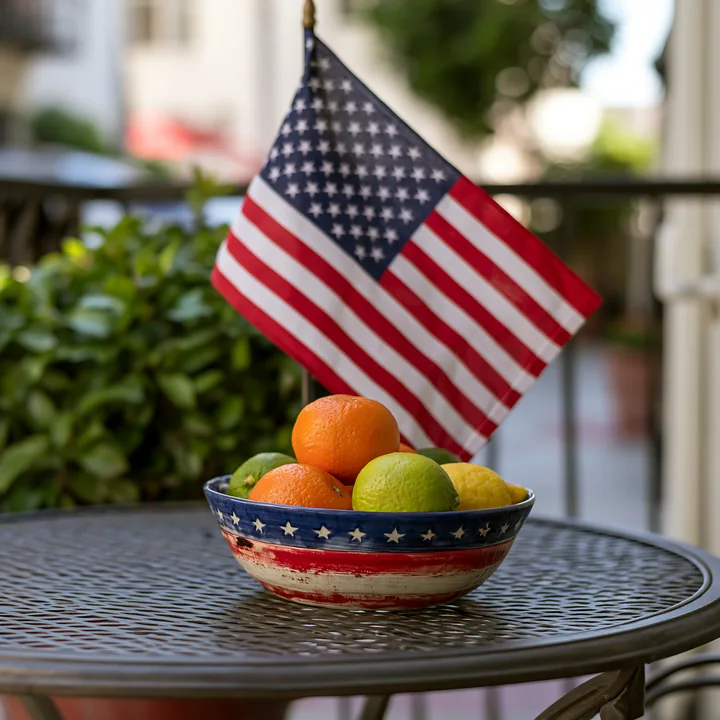 A small bowl with colorful fruit sits on a patio table, accompanied by a miniature American flag.