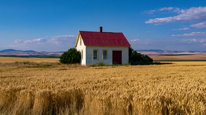 A small farmhouse surrounded by wheat fields stretches toward the horizon.