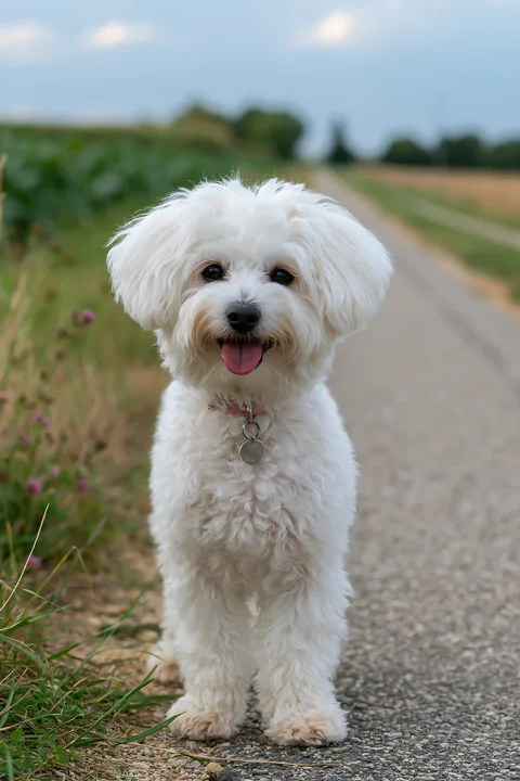 A small, fluffy dog stands on a rural road with green grass and plants on the sides.