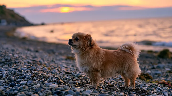 A small golden dog stands on a pebbly coastline beach as the sun sets, casting warm light on the water and rocks.