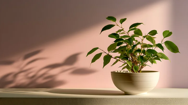 A small green plant sits in a bowl on a minimalistic table.