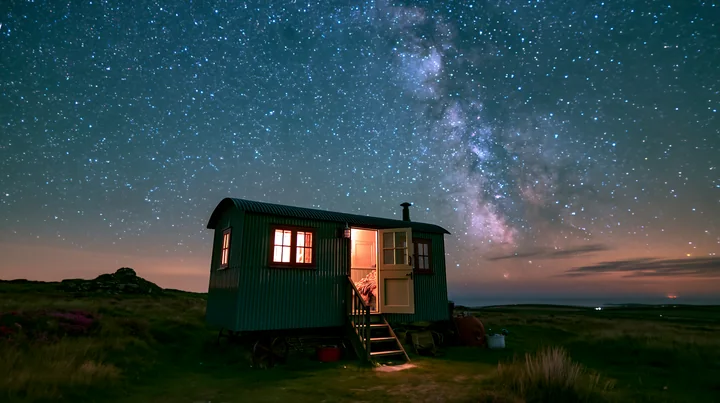 A small home beneath stars in the wilderness sits alone in the open field, illuminated by the glow of windows.
