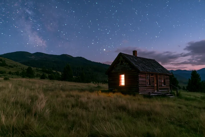 A small home beneath stars in the wilderness stands alone against a mountain backdrop.