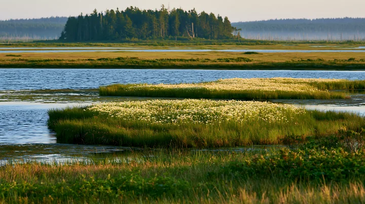 A small island covered in wild flowers is surrounded by water during golden hour.
