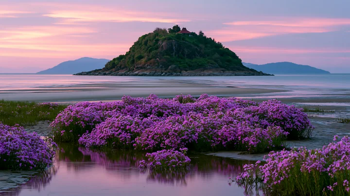 A small island stands in calm waters, framed by pink flowers blooming on the shore.