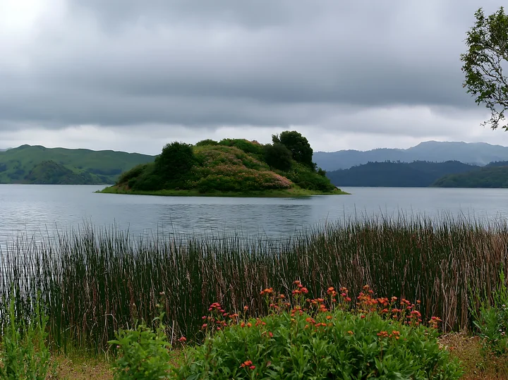 A small island with green plants and flowers is seen in a lake surrounded by calm water under a cloudy sky.