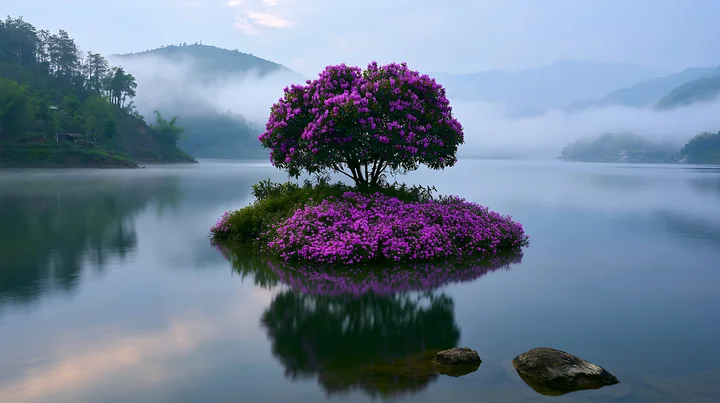 A small island with vibrant flowers sits in still water, shrouded by morning mist.