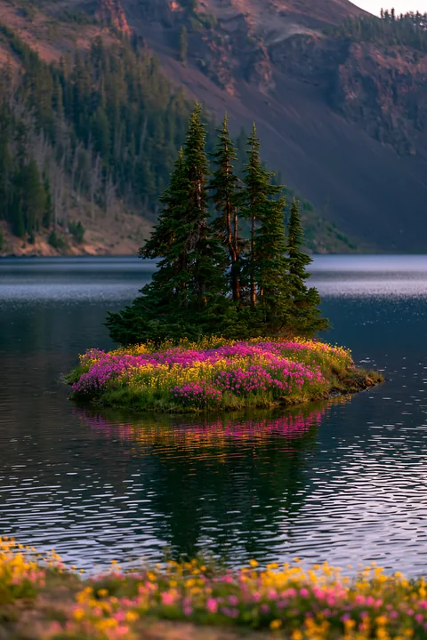A small island with vibrant flowers surrounds tall trees in a calm lake.