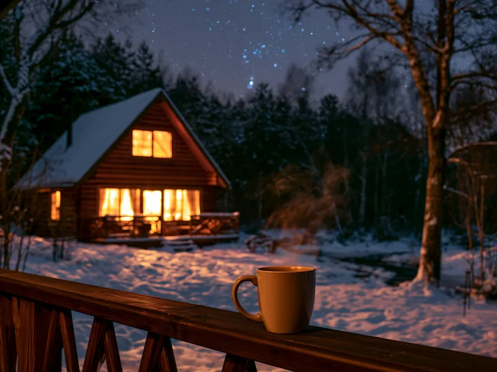A snow-covered cabin under stars provides a cozy setting.