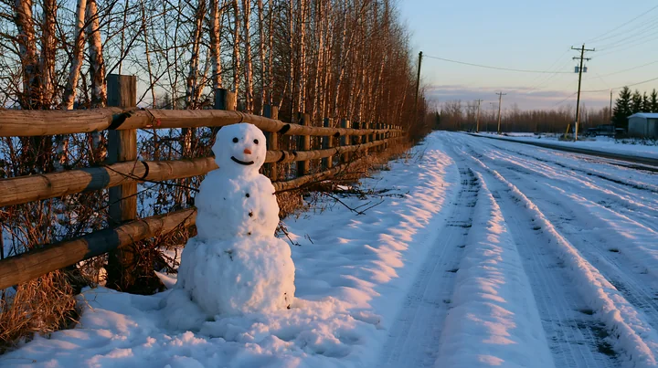 A snowman beside a wooden fence stands along a snowy road with trees in the background during sunset.