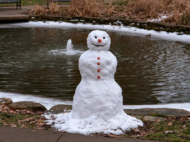 A snowman in a city park sits beside a pond with a fountain.