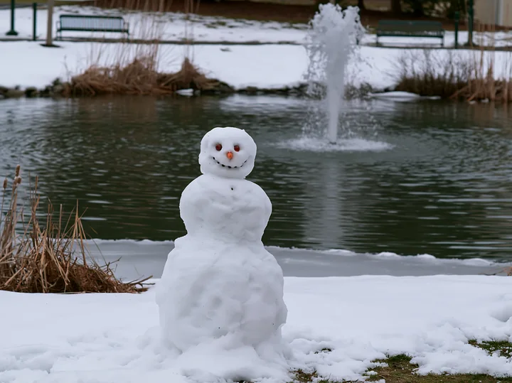 A snowman in a city park stands near a pond with a fountain.