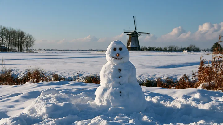 A snowman stands near snowdrifts in a snowy landscape with a windmill in the background.