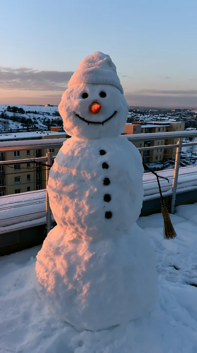 A snowman with a broomstick arm stands on a rooftop, made from snow and decorated with a carrot nose and stones.