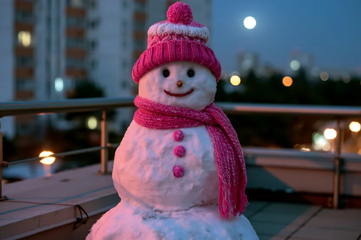 A snowman with a pink hat and scarf stands on a balcony at night under moonlight.