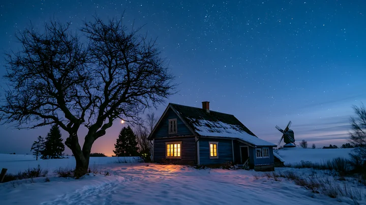 A snowy house stands under a starry sky at night.
