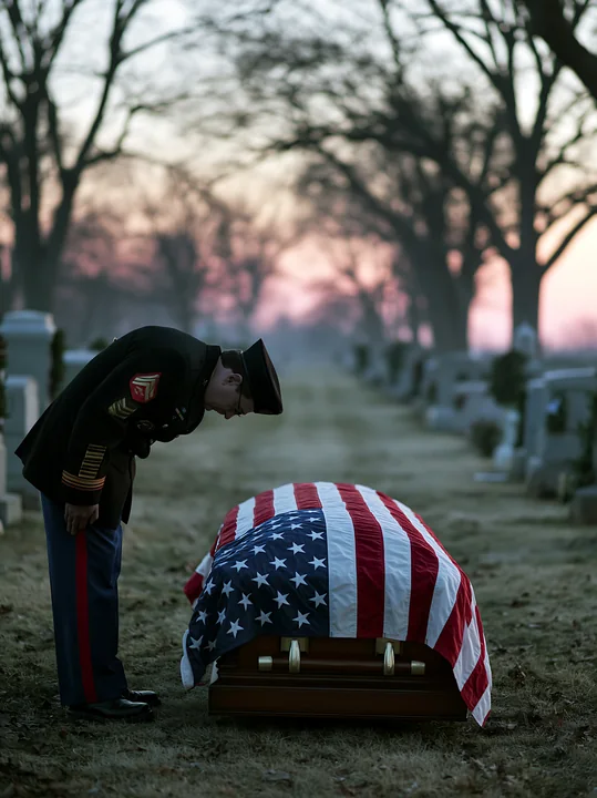 A soldier bows his head near a coffin covered with an American flag during a solemn cemetery burial.