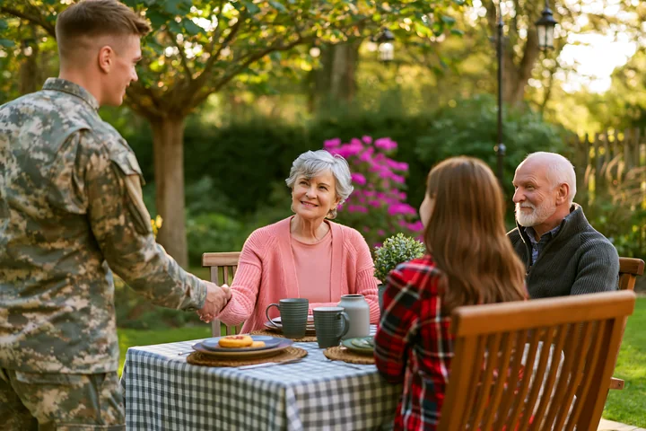 A soldier is shaking hands with a family member in a garden setting.