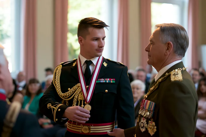 A soldier receiving medal stands in a formal setting, with an officer speaking to him.