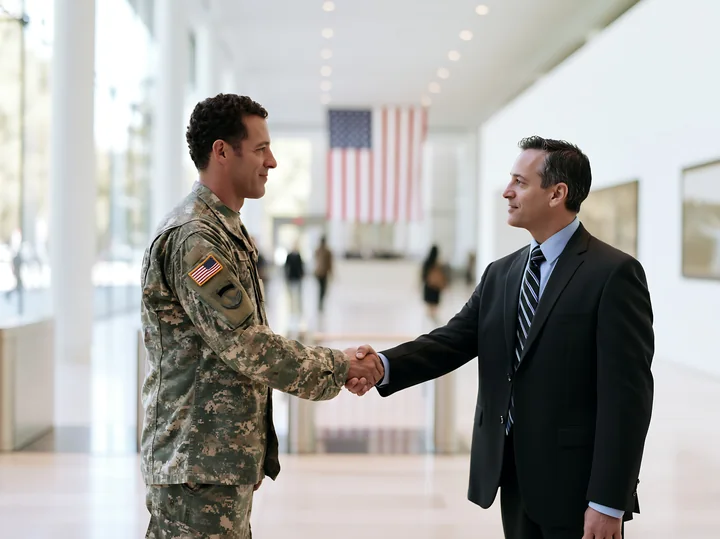 A soldier shaking hands with a businessman in a modern building.