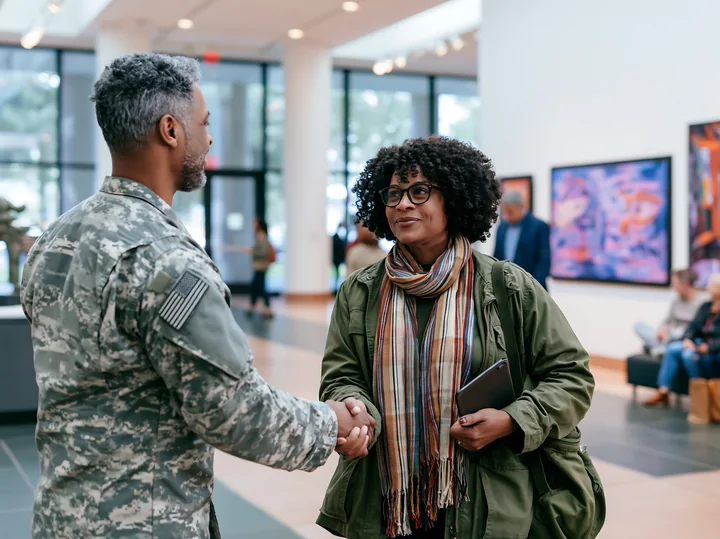 A soldier shaking hands with a civilian in an art gallery setting.