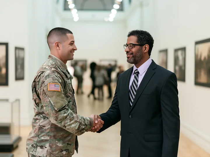 A soldier shaking hands with a man in a suit at an art gallery.