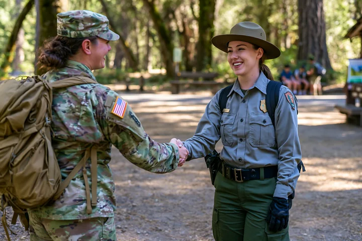 A soldier shaking hands with a park ranger in a forest.