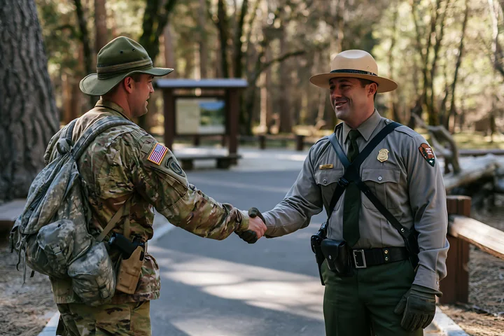 A soldier shaking hands with a park ranger in a forest park during daylight.