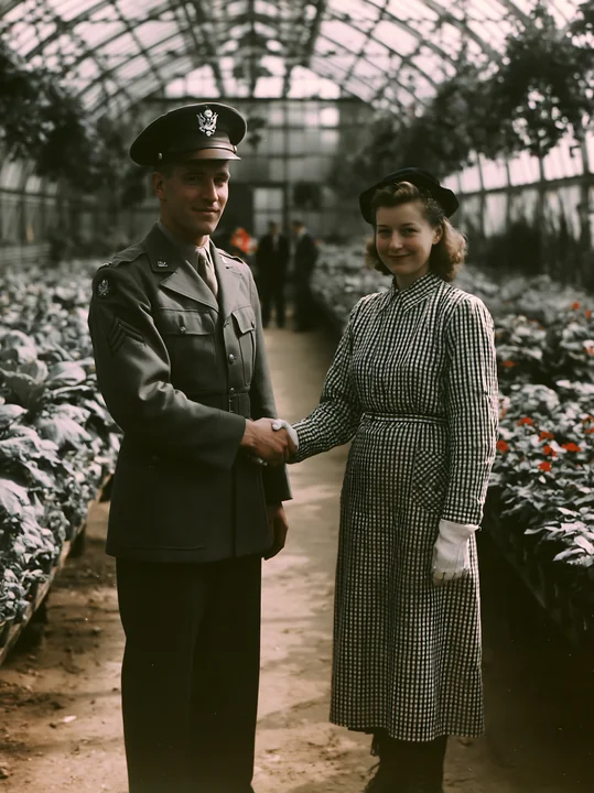 A soldier shaking hands with a woman in a greenhouse filled with plants.