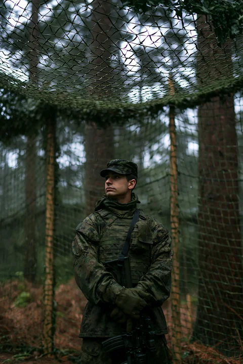 A soldier stands quietly under camouflage netting in a dense forest.