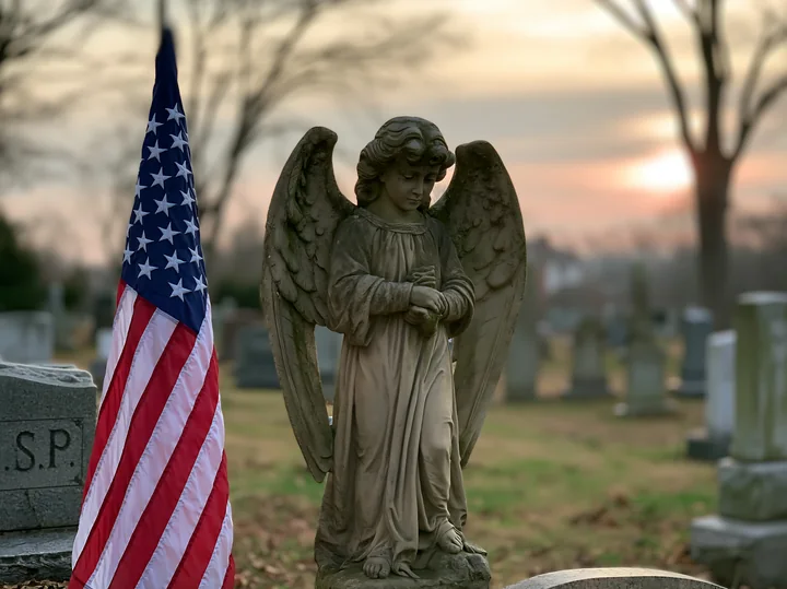A solemn cemetery scene with American flag and stars features an angel statue standing amidst gravestones.