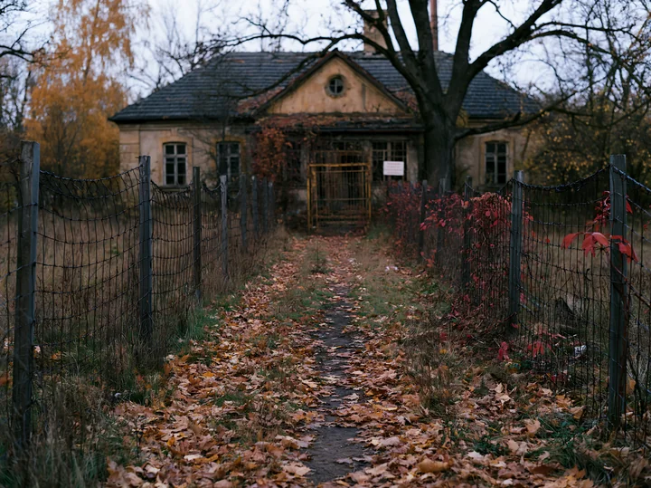 A Soviet abandoned building stands at the end of a path covered with autumn leaves, surrounded by a wire fence and trees, showing signs of decay and neglect.